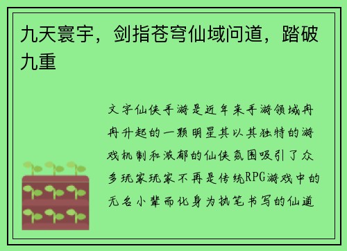 九天寰宇，剑指苍穹仙域问道，踏破九重